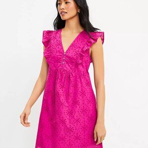 LOFT Fuschia Eyelet button ruffle swing dress size XL